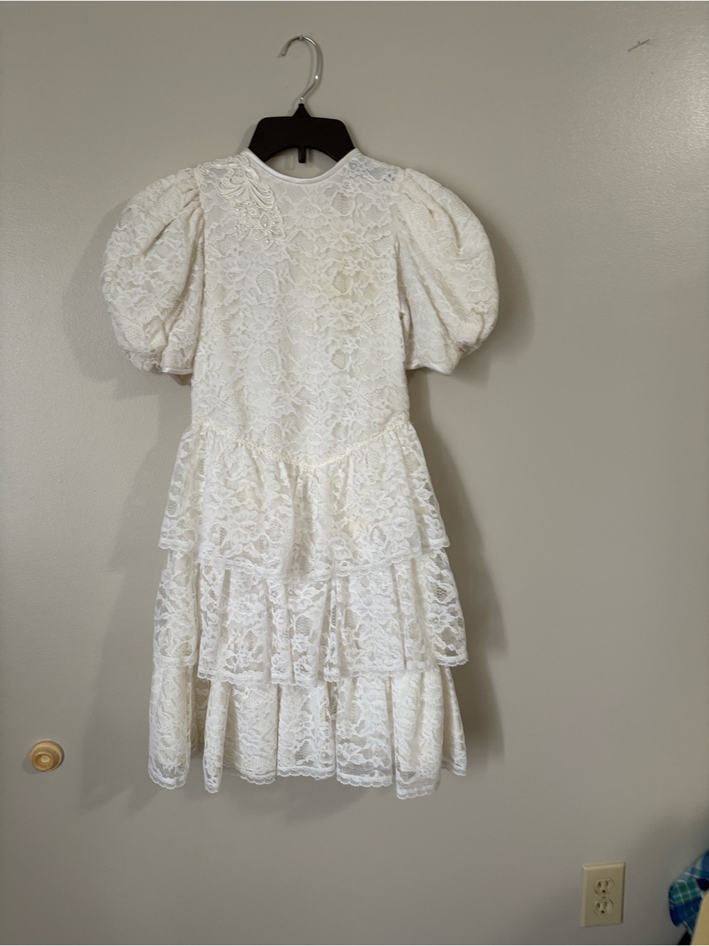 Ivory Lace Tiered Puff-Sleeve Dress for Girls